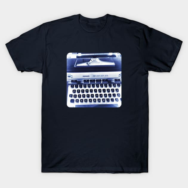 Typewriter Vintage Blue White T-Shirt by badlydrawnbabe